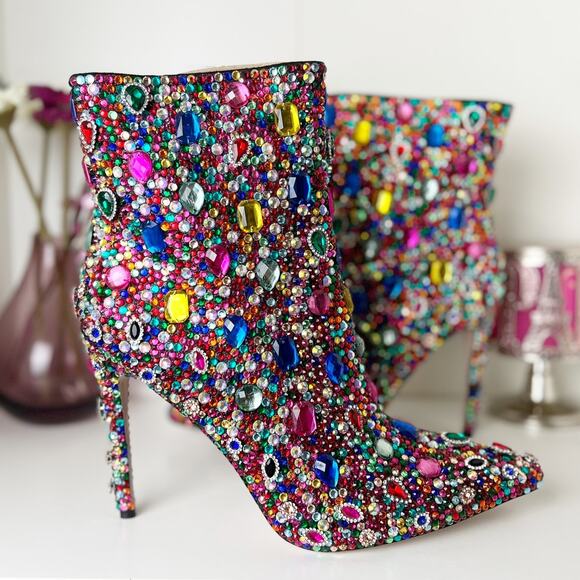 Akira Azalea Wang Poppy Multi Jeweled Stiletto Heel Ankle Booties Size 12 NWT - Picture 3 of 16